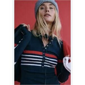 NWOT FP Movement Black Button up Long Sleeve With Red And White Stripes Size S